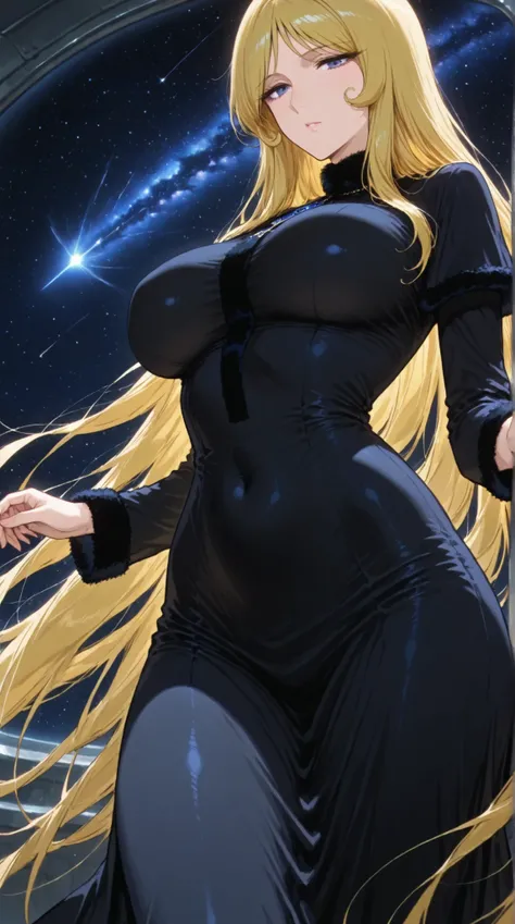 Maetel, best quality, amazing quality, score 9, 1girl, black clothes, space, hands out, curvy hip,in a dynamic motion 