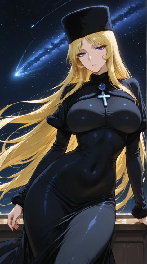 Maetel, best quality, amazing quality, score 9, 1girl, black clothes, space, hands out, curvy hip,in a dynamic motion 