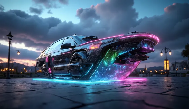 A futuristic utility vehicle from the year 2175, hovering silently with no wheels, powered by magnetic propulsion and quantum cores. The body is sleek and angular, forged from iridescent smart-alloy that shifts color with ambient light. Neon LED outlines p...