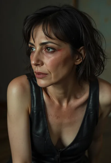 50 year old woman, humiliation rough sexuality degradation, self-destruction, dirty sloppy hair, heavy eyelids with smudged makeup, plump lips with uneven lipstick, sweaty pale shiny skin, in a tight tight leather dress, slouching pose. cinematic lighting,...