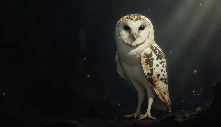 (Top quality),(ultra high resolution), minimalism, barn owl with white plumage, frowning, thin,  in a mysterious way , looks at us,  is on the left ,  white eyes without pupil  , sitting in the distance, watching,  very dark background,  only a couple of s...