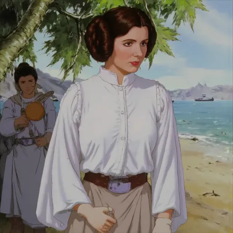 b3rs3rk (best quality, 128k,highres,masterpiece:1.2),ultra-detailed,, ((masterpiece)) ((Highest quality)) princess leia, dressed in a humorous combination of her iconic white gown and a waterproof apron, standing proudly her signature hair buns are now ...