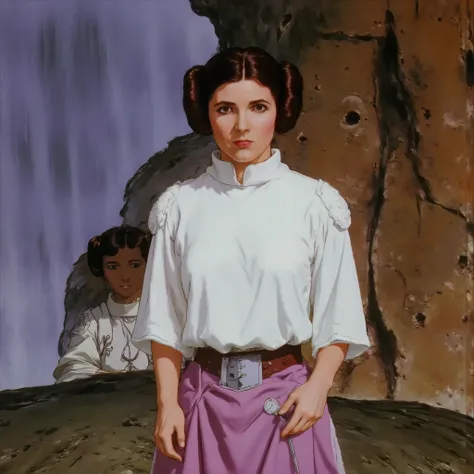 b3rs3rk (best quality, 128k,highres,masterpiece:1.2),ultra-detailed,, ((masterpiece)) ((Highest quality)) princess leia, dressed in a humorous combination of her iconic white gown and a waterproof apron, standing proudly her signature hair buns are now ...