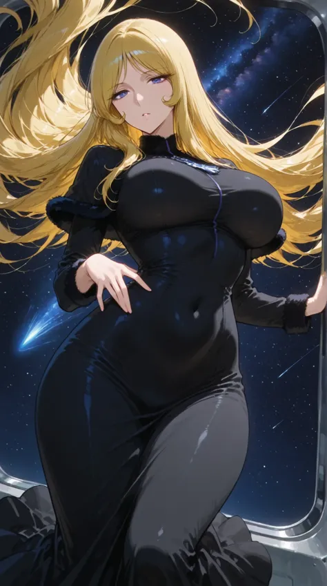 Maetel, best quality, amazing quality, score 9, 1girl, black clothes, space, hands out, curvy hip,in a dynamic motion 