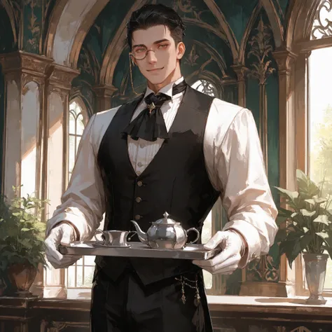 upper shot, front shot, makes an aesthetic, Master piece, Best Quality, ultra detailed, a handsome man, (man:1.6), solo, male Short Hair, male slicked back hairstyle, beautiful black hair, toned, smiling, standing, looking at viewer, white gloves, butler, ...
