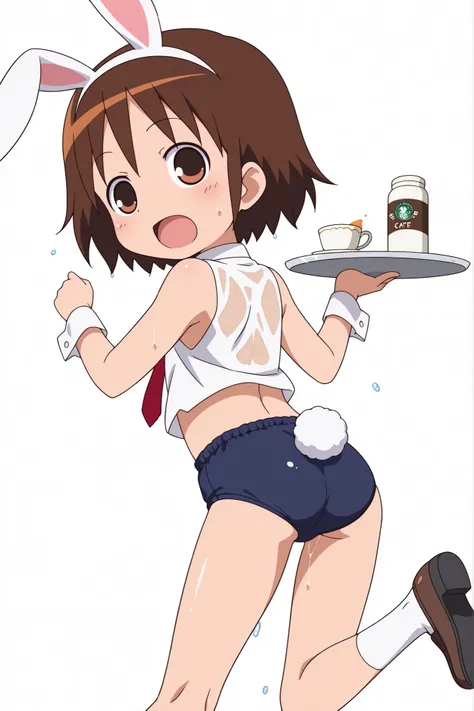 (((anime style))),score_9, score_8_up, score_7_up, source_anime,(((School Festival Cafe))),nsfw,
yasuna,1girl, ((solo)),((blue buruma)),((((white business shirt)))),((((sleeveless)))),((wet clothes)),nipple,red tie,((white sox)),brown loafers,((white Bunny...