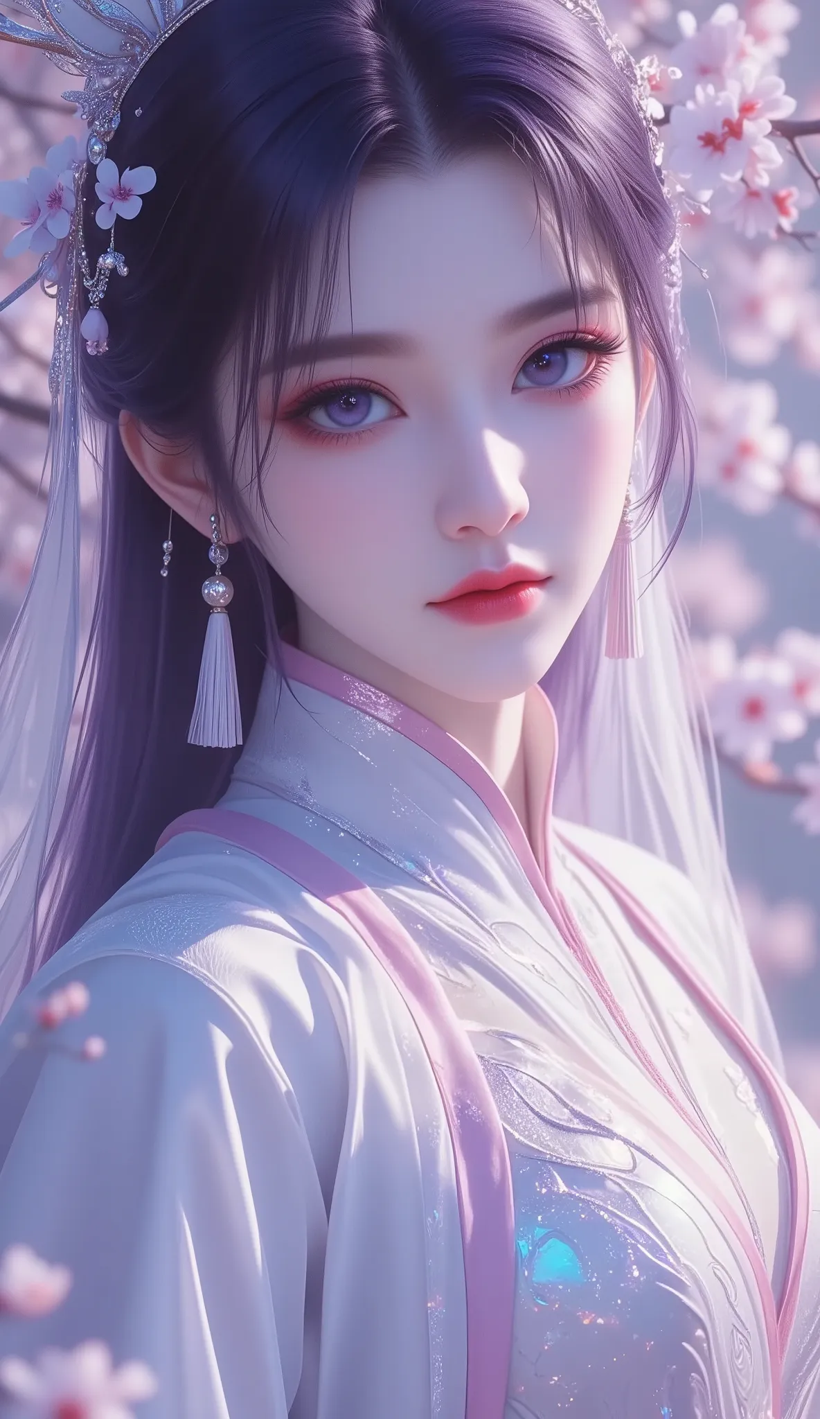 Chinese Fairy Tales character, close-up, extremely details, high detailed face, upper-body, (mature woman, milf), extremely busty, cool beauty, living expressions, (cold gaze, cold eyes, blue eyes), expressionless, dark purple hair, Straight hair, dark hai...