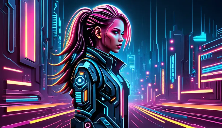 photorealistic beautiful full-breasted slim woman with magenta colored hair walking towards the camera, cyberpunk circuit street, glowing papercut background, mad-cybrpprct1, neon lights (masterpiece:1.2), best quality, (hyperdetailed, highest detailed:1....