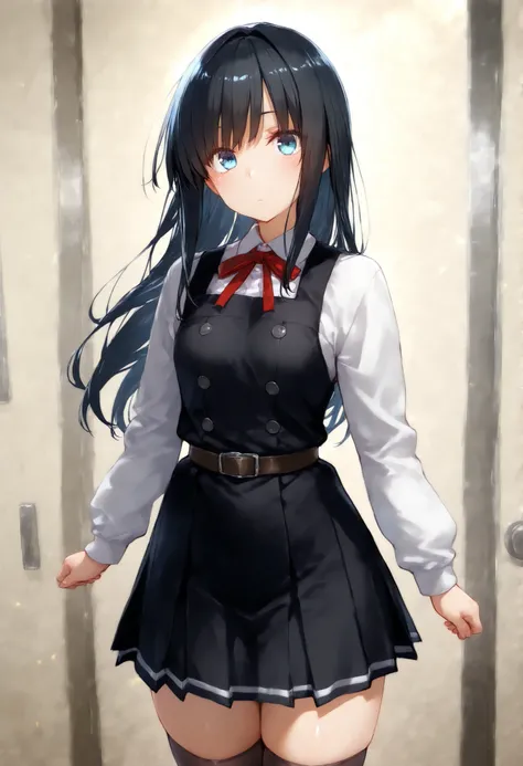 asashioKC,black hair,blue eyes, long hair, shirt, long sleeves, dress, bow, ribbon, white shirt, cowboy shot, belt, bowtie, black dress, red bow, red ribbon, neck ribbon, red bowtie, pinafore dress,black thighhighs,pleated_skirt,, 教室の背景, , 細身の体, 赤面, 厭らしい笑顔...