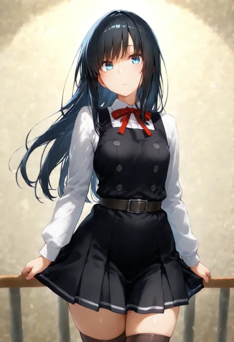 asashioKC,black hair,blue eyes, long hair, shirt, long sleeves, dress, bow, ribbon, white shirt, cowboy shot, belt, bowtie, black dress, red bow, red ribbon, neck ribbon, red bowtie, pinafore dress,black thighhighs,pleated_skirt,, 教室の背景, , 細身の体, 赤面, 厭らしい笑顔...