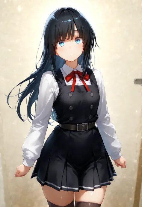 asashioKC,black hair,blue eyes, long hair, shirt, long sleeves, dress, bow, ribbon, white shirt, cowboy shot, belt, bowtie, black dress, red bow, red ribbon, neck ribbon, red bowtie, pinafore dress,black thighhighs,pleated_skirt,, 教室の背景, , 細身の体, 赤面, 厭らしい笑顔...