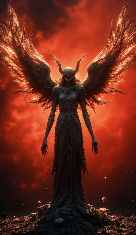 ((RAW Photo), absurd, (absurdresolution)), masterpiece, best quality, (Extremely detailed 8k unity CG wallpaper), (best illustration), (best shadow), Realistic lighting, beautiful detailed glow, Surrealism, red sunset, sculpture of smouldering coal and ash...