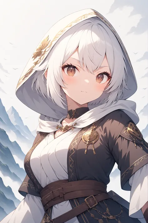 Tengu_girl,fantasy world、 medieval attire、gold decoration on white hood、gold decoration on black coat、White Hair Girl、brown eyes
