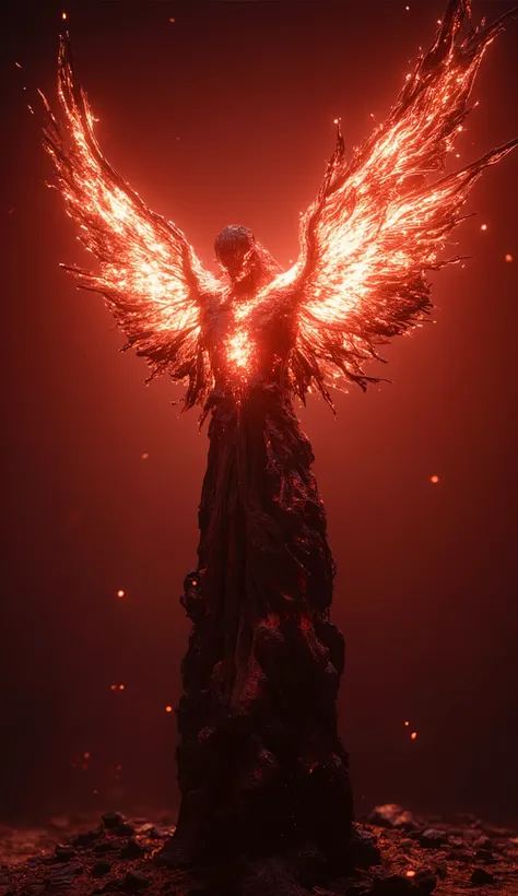 ((RAW Photo), absurd, (absurdresolution)), masterpiece, best quality, (Extremely detailed 8k unity CG wallpaper), (best illustration), (best shadow), Realistic lighting, beautiful detailed glow, Surrealism, red sunset, sculpture of smouldering coal and ash...
