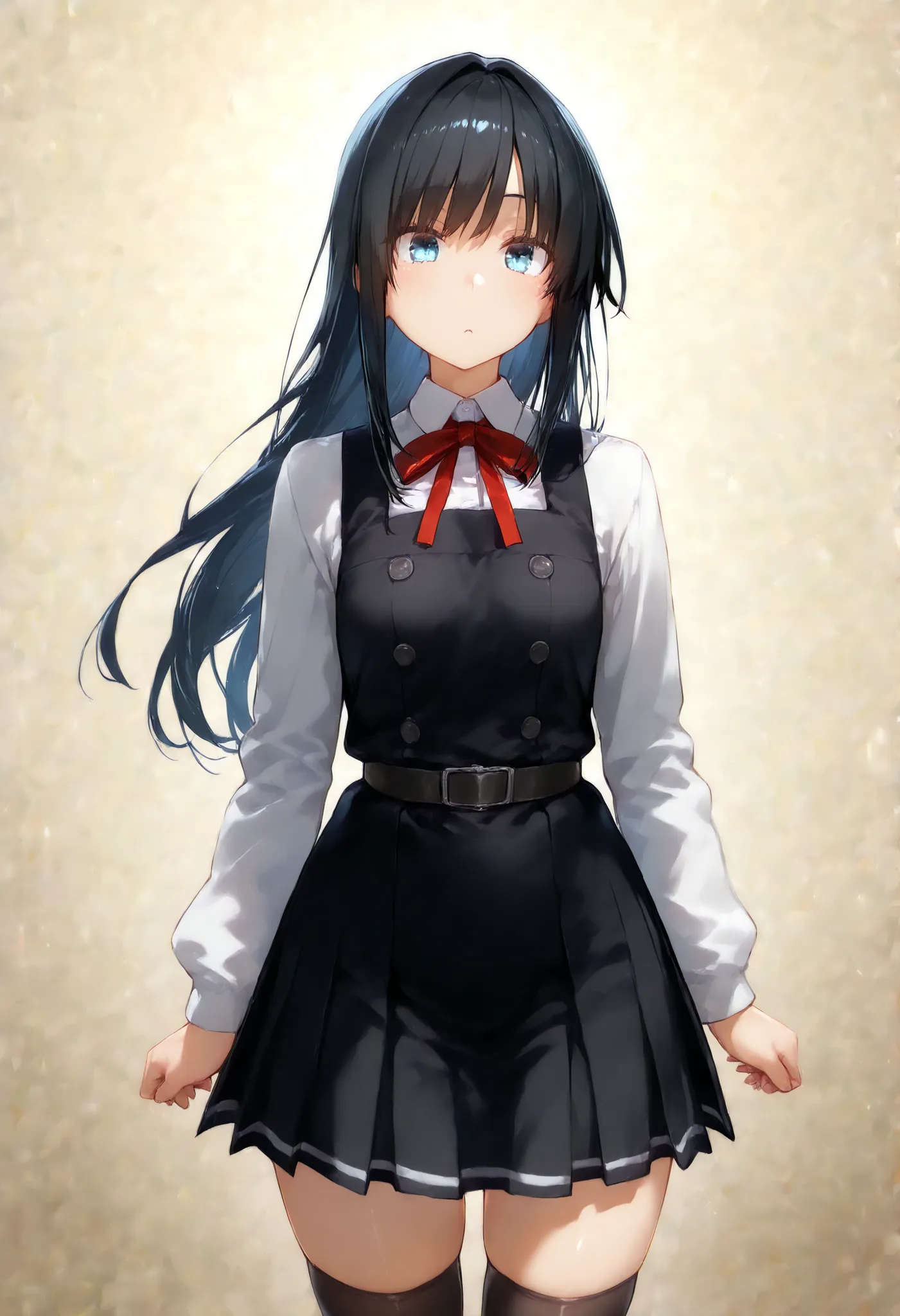 asashioKC,black hair,blue eyes, long hair, shirt, long sleeves, dress, bow, ribbon, white shirt, cowboy shot, belt, bowtie, black dress, red bow, red ribbon, neck ribbon, red bowtie, pinafore dress,black thighhighs,pleated_skirt,, 教室の背景, , 細身の体, 赤面, 厭らしい笑顔...