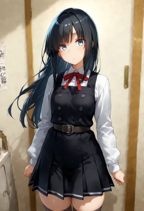 asashioKC,black hair,blue eyes, long hair, shirt, long sleeves, dress, bow, ribbon, white shirt, cowboy shot, belt, bowtie, black dress, red bow, red ribbon, neck ribbon, red bowtie, pinafore dress,black thighhighs,pleated_skirt,, 教室の背景, , 細身の体, 赤面, 厭らしい笑顔...