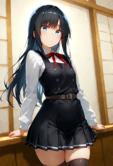 asashioKC,black hair,blue eyes, long hair, shirt, long sleeves, dress, bow, ribbon, white shirt, cowboy shot, belt, bowtie, black dress, red bow, red ribbon, neck ribbon, red bowtie, pinafore dress,black thighhighs,pleated_skirt,, 教室の背景, , 細身の体, 赤面, 厭らしい笑顔...