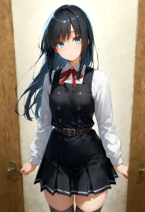 asashioKC,black hair,blue eyes, long hair, shirt, long sleeves, dress, bow, ribbon, white shirt, cowboy shot, belt, bowtie, black dress, red bow, red ribbon, neck ribbon, red bowtie, pinafore dress,black thighhighs,pleated_skirt,, 教室の背景, , 細身の体, 赤面, 厭らしい笑顔...