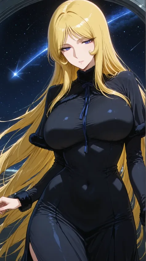 Maetel, best quality, amazing quality, score 9, 1girl, black clothes, space, hands out, curvy hip,in a dynamic motion 