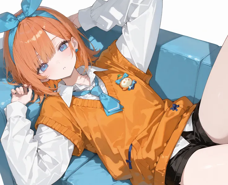 , a girl with short orange hair,Blue Eyes,, tie a blue bow at the head.,Wearing a white long-sleeved shirt,Put on a blue tie,Put on an orange sweater,black shorts