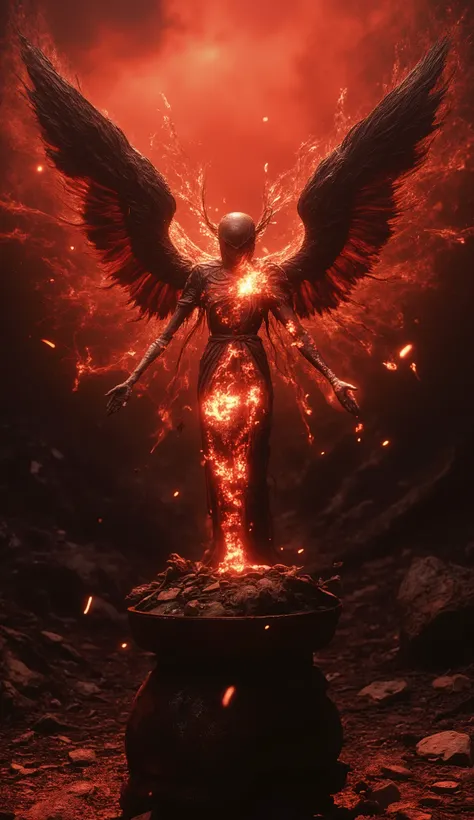 ((RAW Photo), absurd, (absurdresolution)), masterpiece, best quality, (Extremely detailed 8k unity CG wallpaper), (best illustration), (best shadow), Realistic lighting, beautiful detailed glow, Surrealism, red sunset, sculpture of smouldering coal and ash...