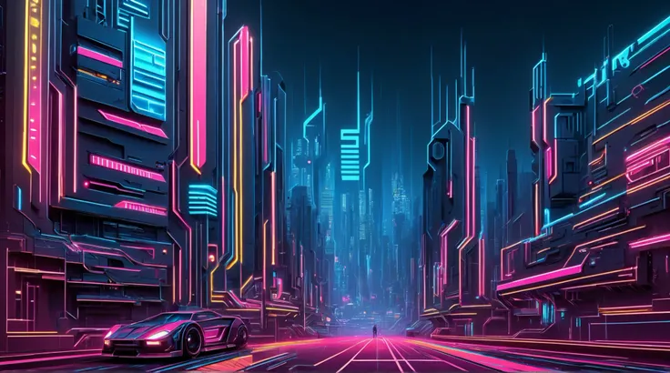 photorealistic beautiful full-breasted slim woman with magenta colored hair walking towards the camera, cyberpunk circuit street, glowing papercut background, mad-cybrpprct1, neon lights (masterpiece:1.2), best quality, (hyperdetailed, highest detailed:1....