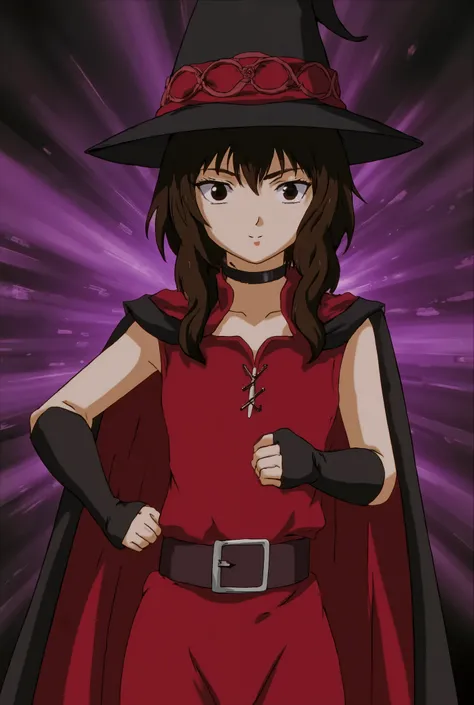 b3rs3rk megumin, 1girl, solo, portrait, smile, confident, uneven legwear witch hat, choker, gloves, belt, red dress, cape, fingerless gloves, perfect quality, good quality, masterpiece, HDR, UHD