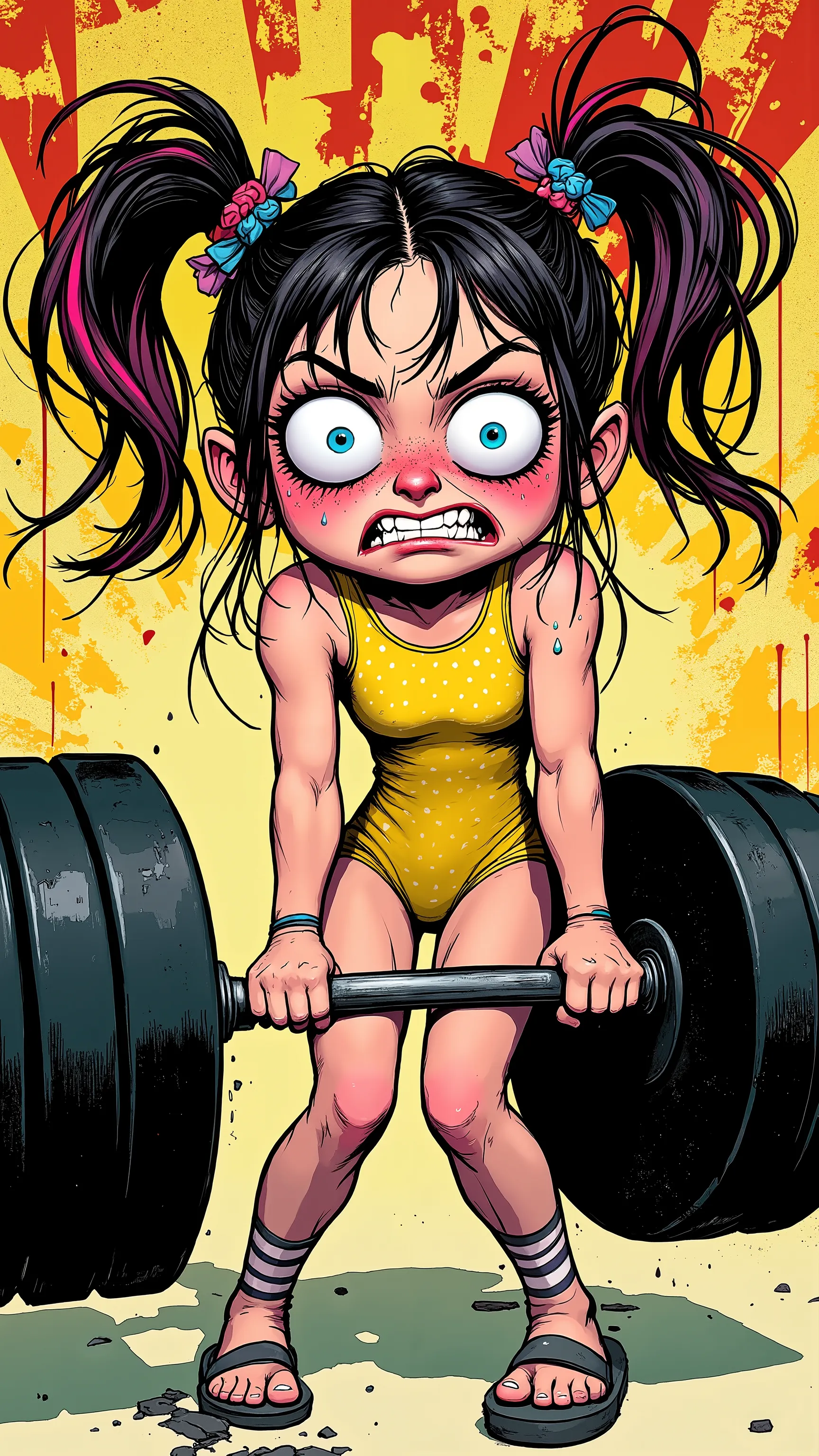 Comic book illustration. Strained girl in Brian Stelfreeze and Tara McPherson style: multicolored ponytails, asymmetrical face, funny pink blush, bulging huge blue doll-eyes, small but plush bow-shaped mouth, grimace of effort, sweat droplets. Exaggerated ...