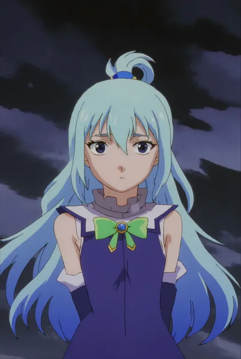 b3rs3rk Aqua is a female animated character with long,light blue hair and striking blue eyes. She is adorned in a blue and white outfit with a green ribbon tied around her neck. The outfit features a white sleeveless top with a blue and white design,comple...