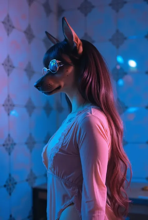Best mobile wallpapers, Award Winning Wallpapers, portrait photography, In the foreground is a portrait of a female dog human wearing a dress, has Doberman dog ears, long wavy brown hair, Side view photo, Taken with Canon EOS R5, Set a strong contrast that...