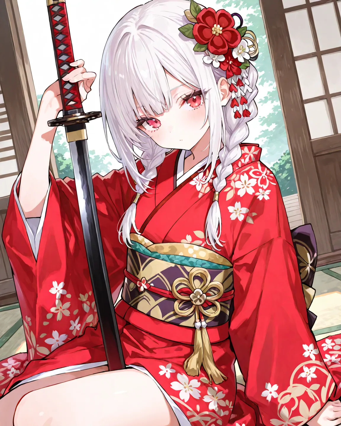 masterpiece,Highest Quality,,8k, eyelashes, white hair, braids　flower hair ornament surrounded by small flowers, Red Eyes,  Japanese sword, cute girl, red kimono, 梅の花  Japanese swordを持つ　Japanese Garden　loose　dynamic angle　Purple and Yellow