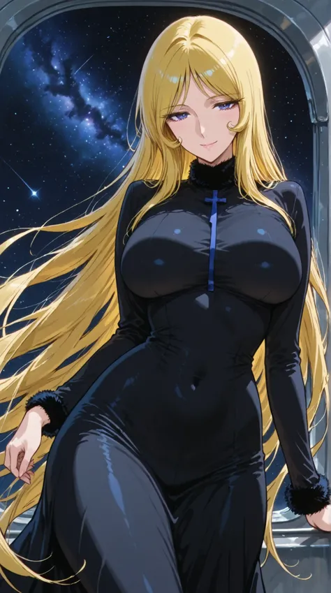 Maetel, best quality, amazing quality, score 9, 1girl, black clothes, space, hands out, curvy hip,in a dynamic motion ,smile