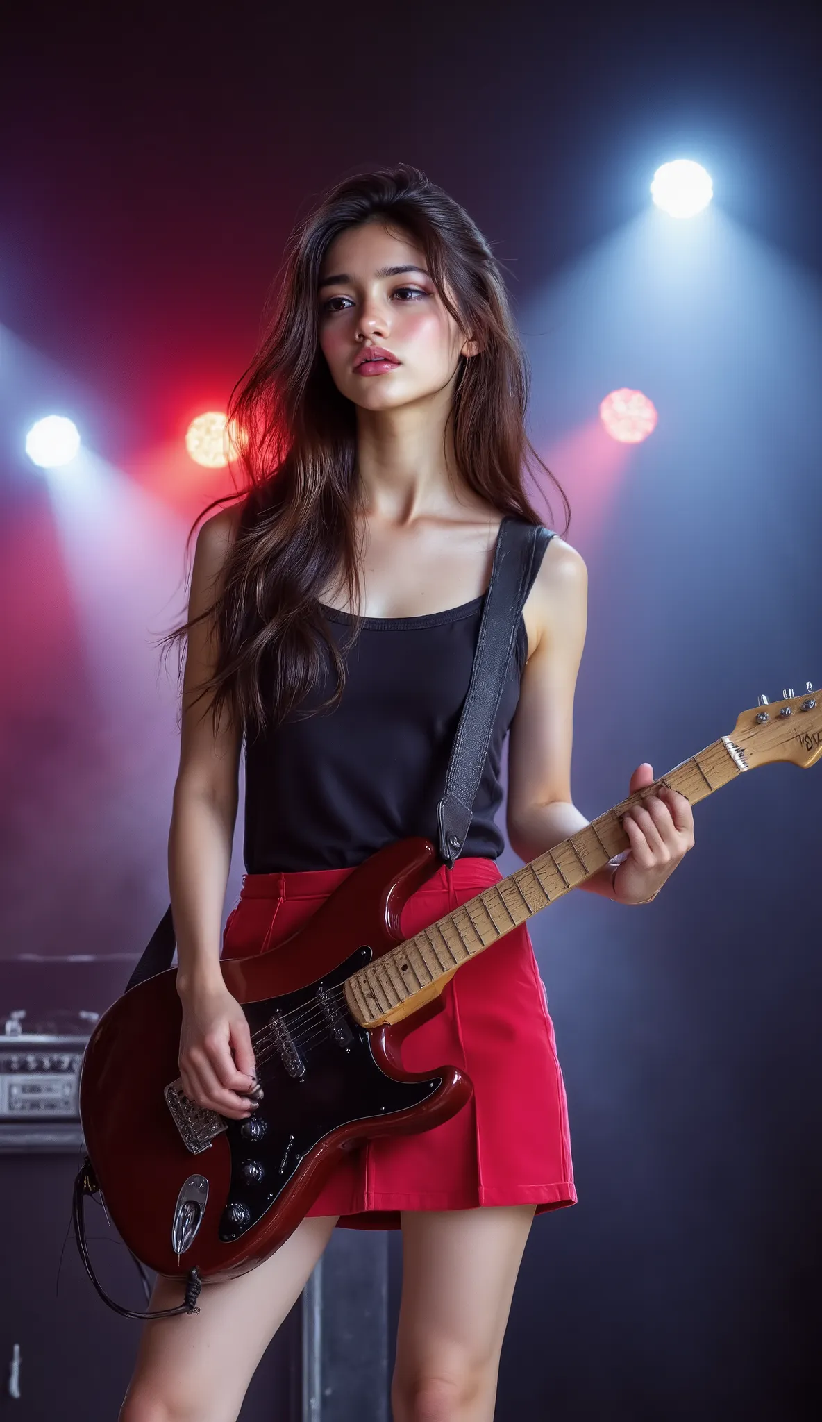 a beautiful girl in red mini skirt is playing electric guitar on stage