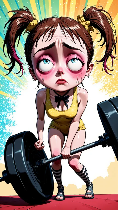 Comic book illustration. Strained girl in Brian Stelfreeze and Tara McPherson style: multicolored ponytails, asymmetrical face, funny pink blush, bulging huge blue doll-eyes, small but plush bow-shaped mouth, grimace of effort, sweat droplets. Exaggerated ...