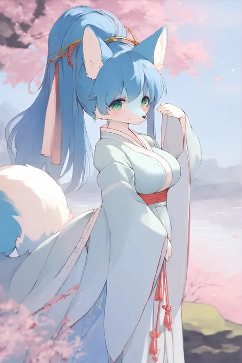 fox female shy blue , kemono , furry , Chinese style , forest , shy blue hair , ponytail , green eyes , slim , big breasts , two fluffy tails , cute , long legs, white Tang dynasty Hanfu, court lady dress , watertight eyes , "highly detailed, soft light, a...