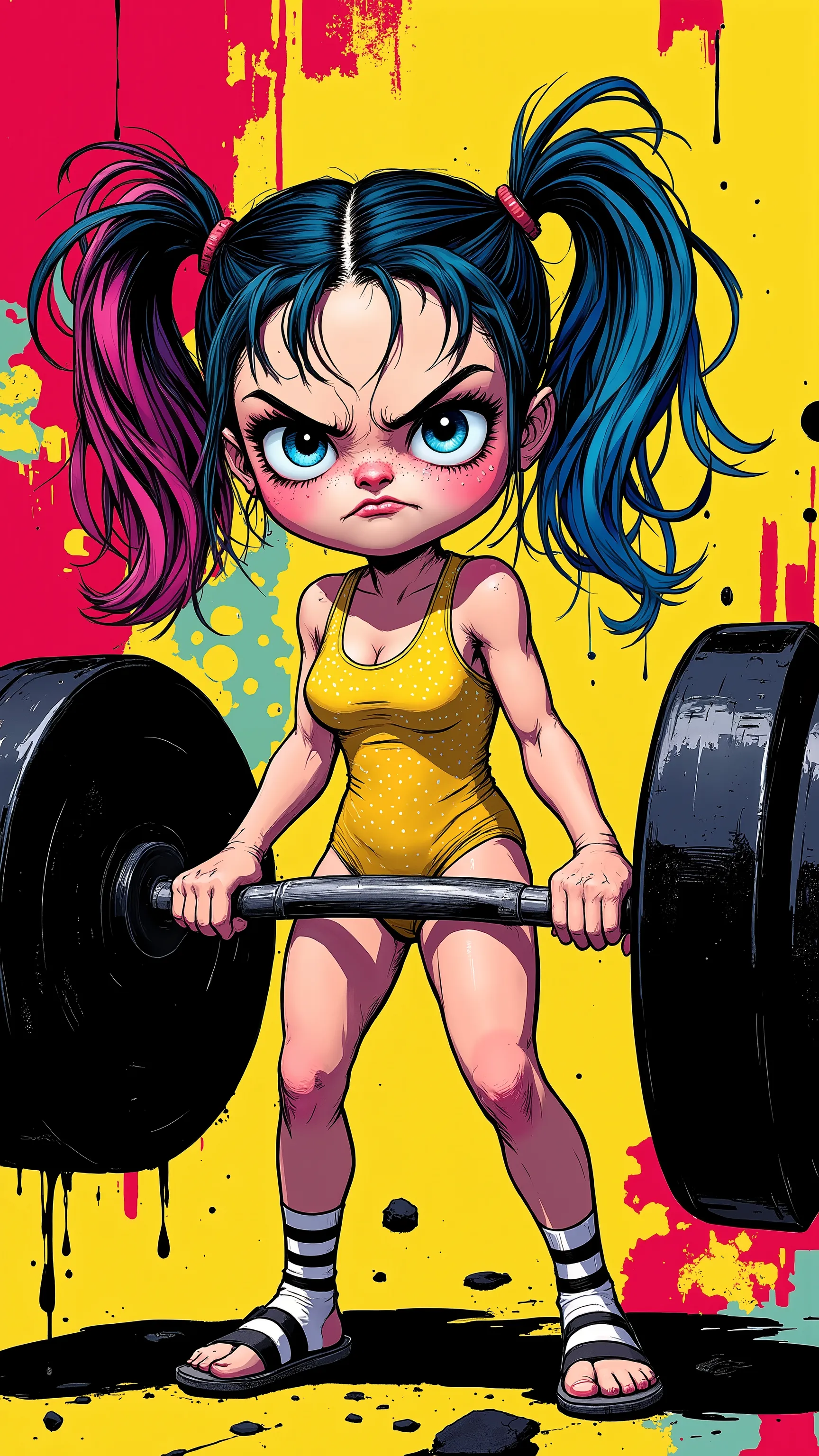 Comic book illustration. Strained girl in Brian Stelfreeze and Tara McPherson style: multicolored ponytails, asymmetrical face, funny pink blush, bulging huge blue doll-eyes, small but plush bow-shaped mouth, grimace of effort, sweat droplets. Exaggerated ...