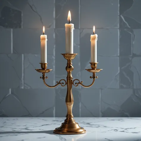Minimalist wall-mounted brass candlestick holder with white tapered candle, isolated on transparent background, soft shadows, hyper-realistic 3D render