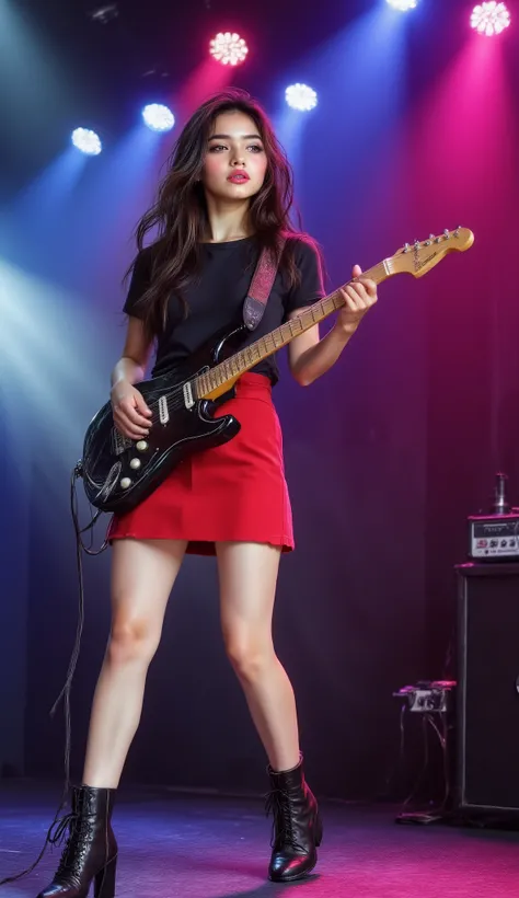 a beautiful girl in red mini skirt is playing electric guitar on stage