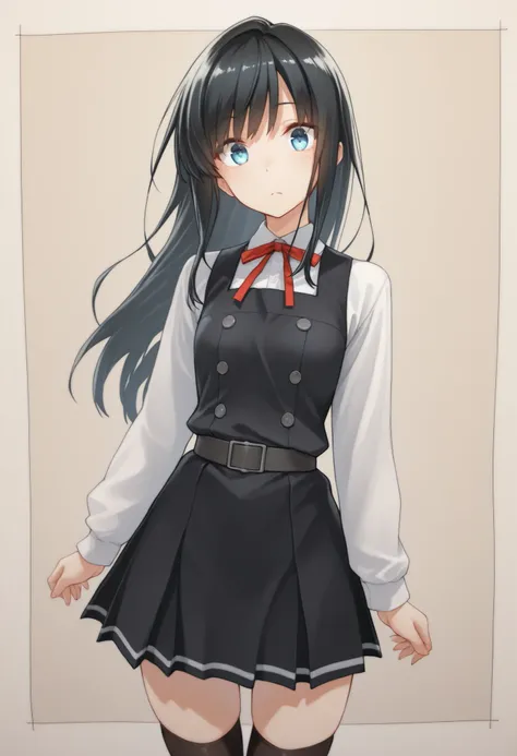 asashioKC,black hair,blue eyes, long hair, shirt, long sleeves, dress, bow, ribbon, white shirt, cowboy shot, belt, bowtie, black dress, red bow, red ribbon, neck ribbon, red bowtie, pinafore dress,black thighhighs,pleated_skirt,, 教室の背景, , 細身の体, 赤面, 厭らしい笑顔...