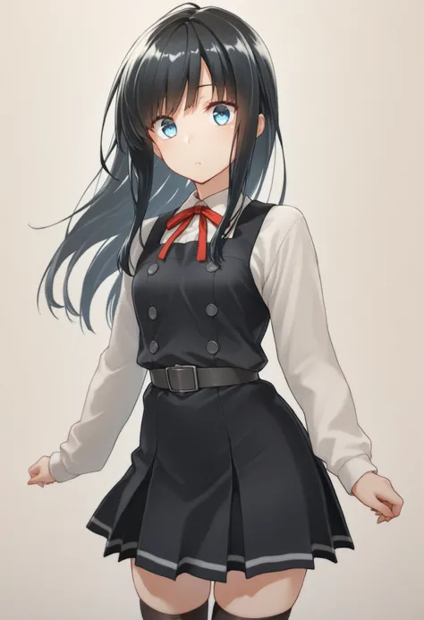 asashioKC,black hair,blue eyes, long hair, shirt, long sleeves, dress, bow, ribbon, white shirt, cowboy shot, belt, bowtie, black dress, red bow, red ribbon, neck ribbon, red bowtie, pinafore dress,black thighhighs,pleated_skirt,, 教室の背景, , 細身の体, 赤面, 厭らしい笑顔...