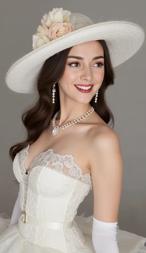 A muscle plump blonde woman with long, smooth straight dark hair wearing an elegant white outfit with intricate lace detailing around the neckline. She has on a large white hat adorned with white roses, white gloves, and pearl-embellished accessories, incl...