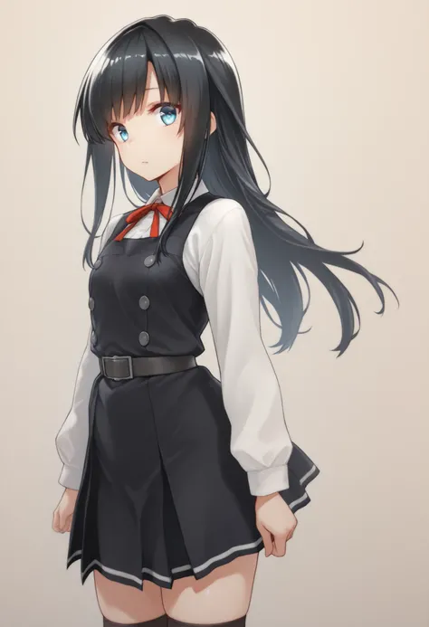 asashioKC,black hair,blue eyes, long hair, shirt, long sleeves, dress, bow, ribbon, white shirt, cowboy shot, belt, bowtie, black dress, red bow, red ribbon, neck ribbon, red bowtie, pinafore dress,black thighhighs,pleated_skirt,, 教室の背景, , 細身の体, 赤面, 厭らしい笑顔...