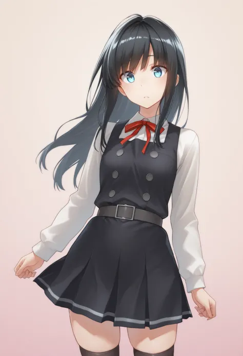 asashioKC,black hair,blue eyes, long hair, shirt, long sleeves, dress, bow, ribbon, white shirt, cowboy shot, belt, bowtie, black dress, red bow, red ribbon, neck ribbon, red bowtie, pinafore dress,black thighhighs,pleated_skirt,, 教室の背景, , 細身の体, 赤面, 厭らしい笑顔...