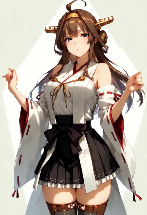 kongouKC,brown hair,long hair, thighhighs, ahoge, pleated skirt, hairband, detached sleeves,japanese clothes, black skirt, hair bun,double bun, headgear, thigh boots, ribbon trim, hakama, nontraditional miko, ribbon-trimmed sleeves