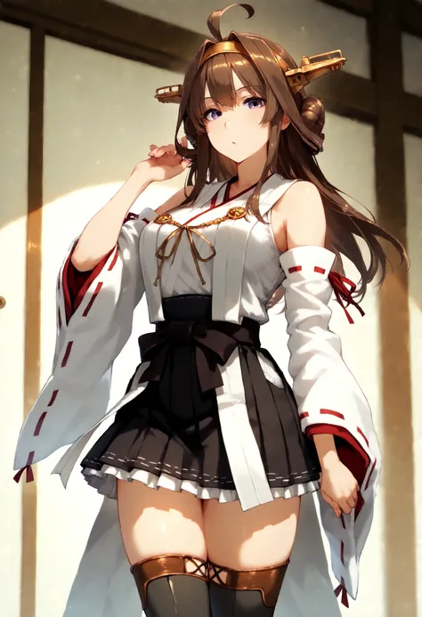 kongouKC,brown hair,long hair, thighhighs, ahoge, pleated skirt, hairband, detached sleeves,japanese clothes, black skirt, hair bun,double bun, headgear, thigh boots, ribbon trim, hakama, nontraditional miko, ribbon-trimmed sleeves