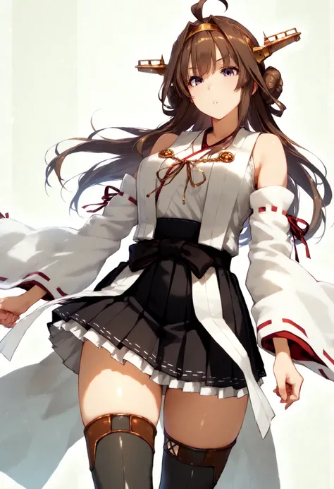 kongouKC,brown hair,long hair, thighhighs, ahoge, pleated skirt, hairband, detached sleeves,japanese clothes, black skirt, hair bun,double bun, headgear, thigh boots, ribbon trim, hakama, nontraditional miko, ribbon-trimmed sleeves