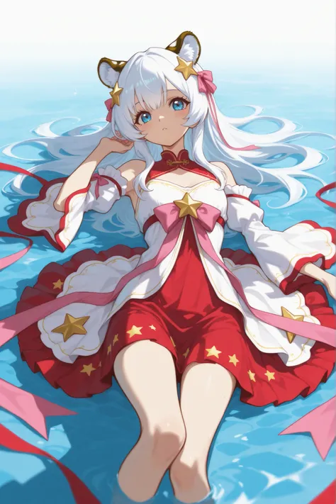 White hair,Wearing a delicate dress with red as the main color,There are stars on the clothes as decoration,There is this golden octagonal star on the hair as an ornament,Pink bow on the edge of the hair,The skirt is decorated with ribbons,Unique clothing ...
