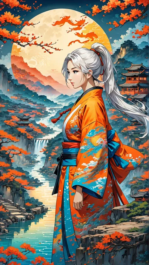 fluorescent horizon, 
a ninja (Woman) with long white hair (Ponytail Hairstyle) standing on a cliff with a full moon (Very Big), a Chinese Phoenix facing the ninja on the cliff, a stream running at the bottom of the cliff and a village in the distance, hand drawn painting style, digital artwork, Highest quality, High image quality, Math Art, Detailed background, Depth of field, Image fill, Excellent quality,