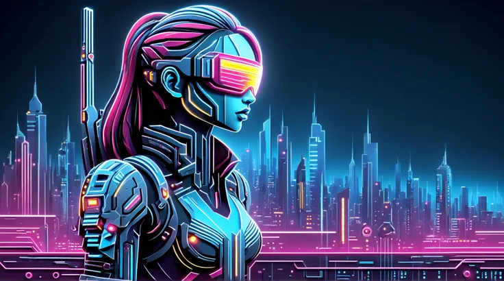A strikingly vivid 3D model of a female game character, a futuristic soldier standing tall, her long magenta colored hair cascading down her back. She is clad in sleek, matte gunmetal grey armor that glistens under the neon lights of a cyberpunk cityscape,...