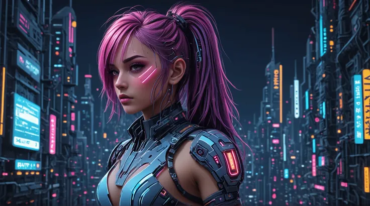 A strikingly vivid 3D model of a female game character, a futuristic soldier standing tall, her long magenta colored hair cascading down her back. She is clad in sleek, matte gunmetal grey armor that glistens under the neon lights of a cyberpunk cityscape,...